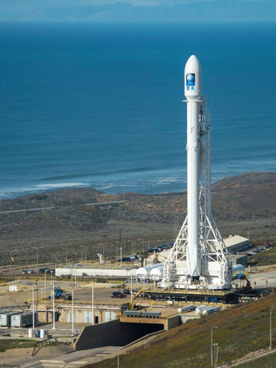 With NOAA's Jason-3 spacecraft onboard, the SpaceX Falcon 9 rocket prepares for launch at Vandenberg Air Force Base in California on Saturday, Jan. 16, 2016.