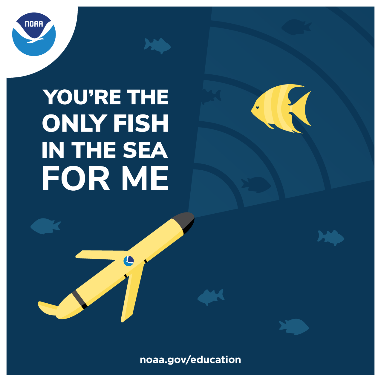 Graphic of an underwater glider highlighting an angel fish. Silhouettes of other fish swim in the background. Text: You’re the only fish in the sea for me.