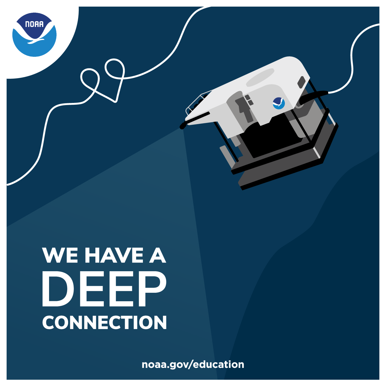 Graphic of a remotely operated vehicle shining its light in the ocean depths. It has an attached cable forming a heart. Text: We have a deep connection.