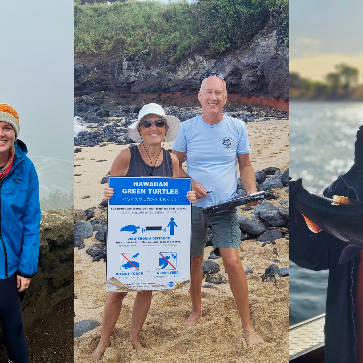 Three photos of citizen science volunteers. From left to right, the first photo is of Shelby wearing a raincoat and hat, standing on a cliff near a foggy coastline. Second, Esther and Jerry stand together on a sandy beach holding turtle monitoring equipment. Third, Craig Wollam holds a large fish while standing on a boat with the coastline in the background.