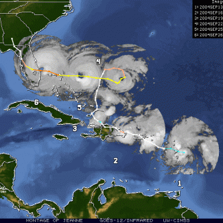 A montage of GOES-12 infrared imagery showing the path of Hurricane Jeanne
