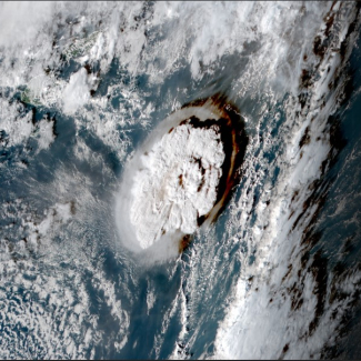 Satellite imagery of the Tonga-Hunga Ha’apai volcano in the South Pacific Ocean on January 15, 2022.
