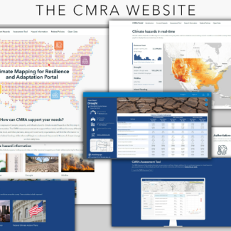 This screenshot shows components of the Climate Mapping for Resilience and Adaptation website at resilience.climate.gov. The site was developed by a collaborative interagency group and Esri, a private partner, to provide comprehensive information on climate hazards and support community climate resilience. (ESRI)