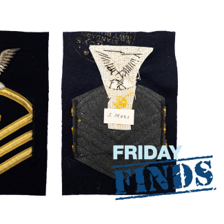 Photo of a World War II-era U.S. Coast & Geodetic Survey Corps rating badge worn by S. Mars, an enlisted member of the Corps. The NOAA logo is in the upper left corner and the words "Friday Finds" are in the lower right corner.