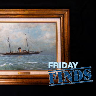 Painting of the Oceanographer by its crew member Robert Foster, circa 1935. The painting shows the steamer on the ocean, facing to the right and is in a wooden frame.