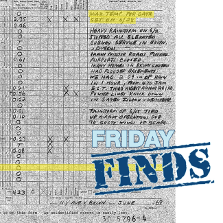 Paper monthly weather log for June 1969 from observer N.Y. Ave V, Brooklyn with June 28 and note “Max temp for date set on 6/28” highlighted. The high temperature was recorded as 94 degrees Fahrenheit for the day on June 28, 1969.