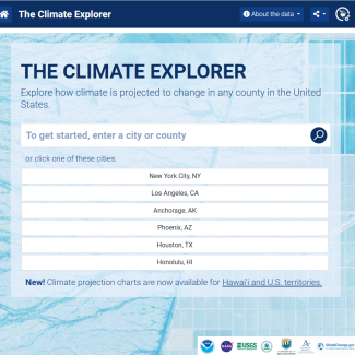 Screenshot of Climate Explorer tool interface. A search bar says "Explore how climate is projected to change in any county in the United States," and users can enter a city or county.