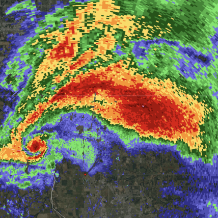 A supercell thunderstorm that produced an EF5 tornado in Moore, OK, in May 2013, as seen from a modern Doppler weather radar near Oklahoma City.