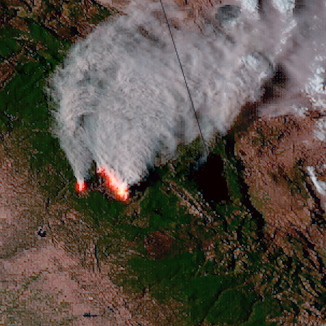 Image showing the Mosquito Wildfire burning in California as seen from NOAA’s GOES-18 satellite on September 13, 2022.