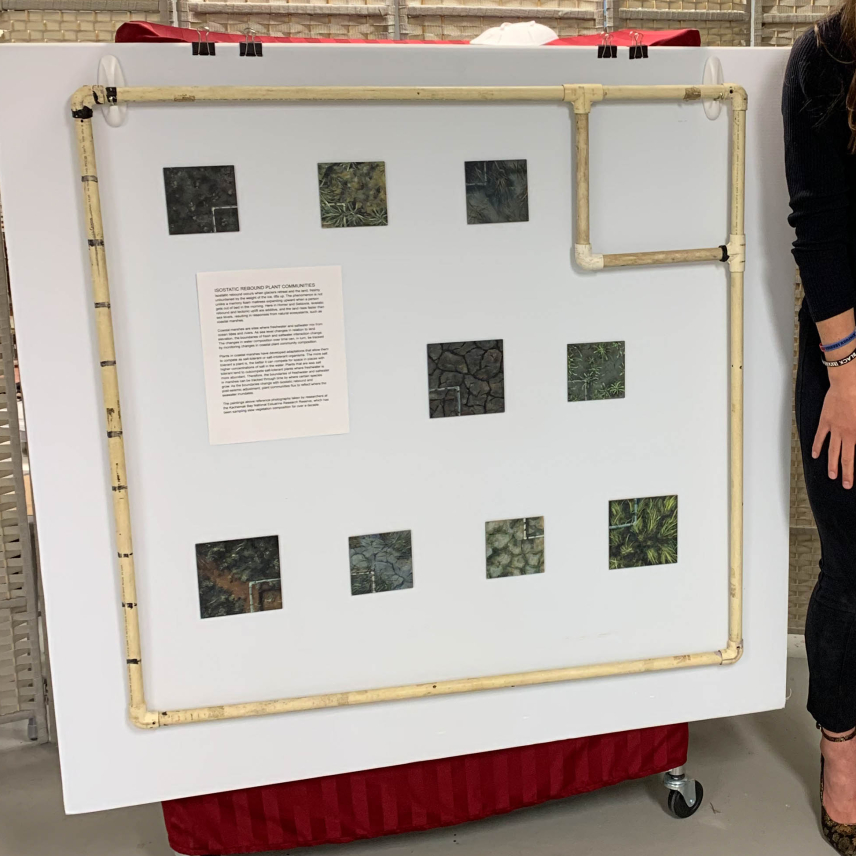 Kate and Nicole stand together with one arm around each other. They are smiling and standing next to a display of paintings, which are nested inside of a 1 meter by 1 meter square made of pvc (a sampling quadrat).