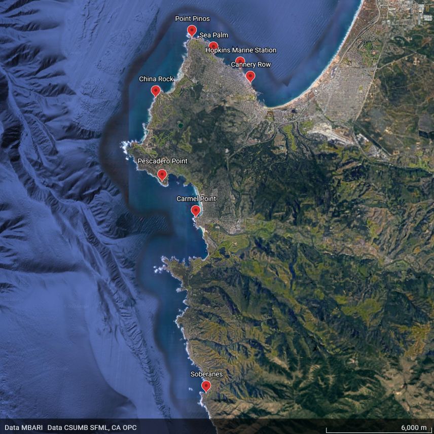 A topographic map of the Monterey Bay peninsula with eight site markers. There are four sites along the upper side of the peninsula, one site on the open edge of the peninsula, and 2 on the lower side of the peninsula. One site is south of the peninsula.